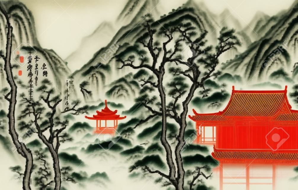 illustratie van een Chinees landschap in de stijl van oud Chinees schilderij