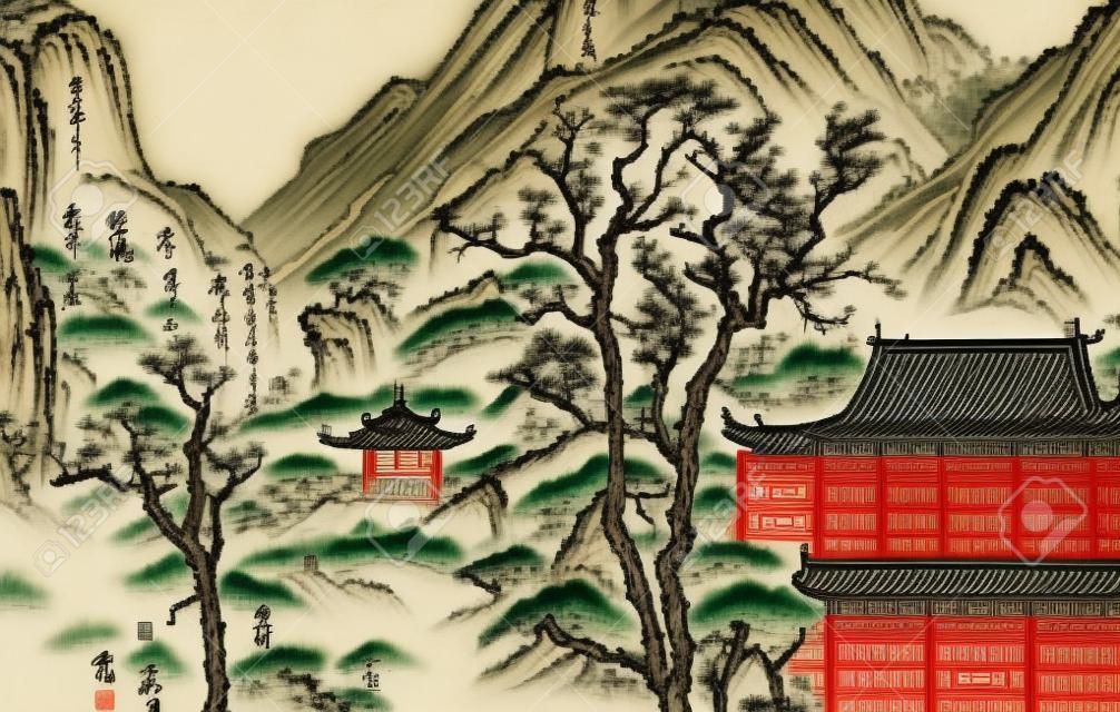 illustratie van een Chinees landschap in de stijl van oud Chinees schilderij