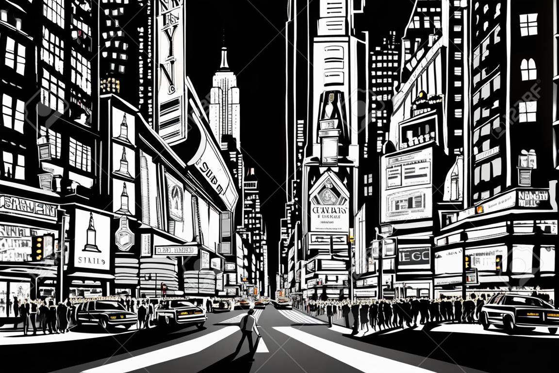 Vector Illustration of a street in New York city at night