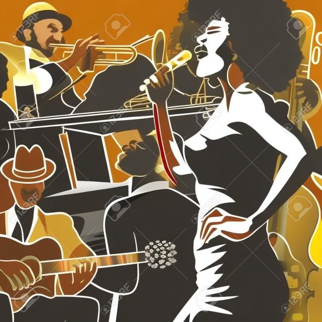 Ilustración vectorial de una banda de jazz con contrabajo - trompeta piano