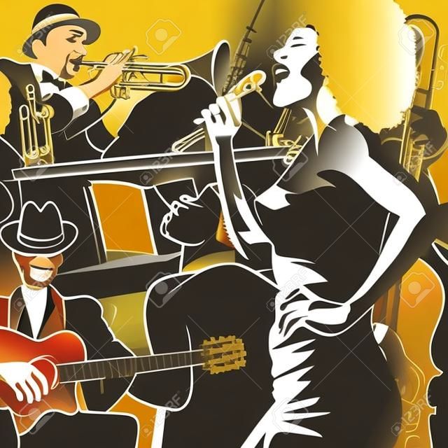 Ilustración vectorial de una banda de jazz con contrabajo - trompeta piano