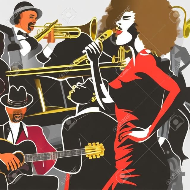 Ilustração vetorial de uma banda de jazz com duplo-baixo - trompete -piano