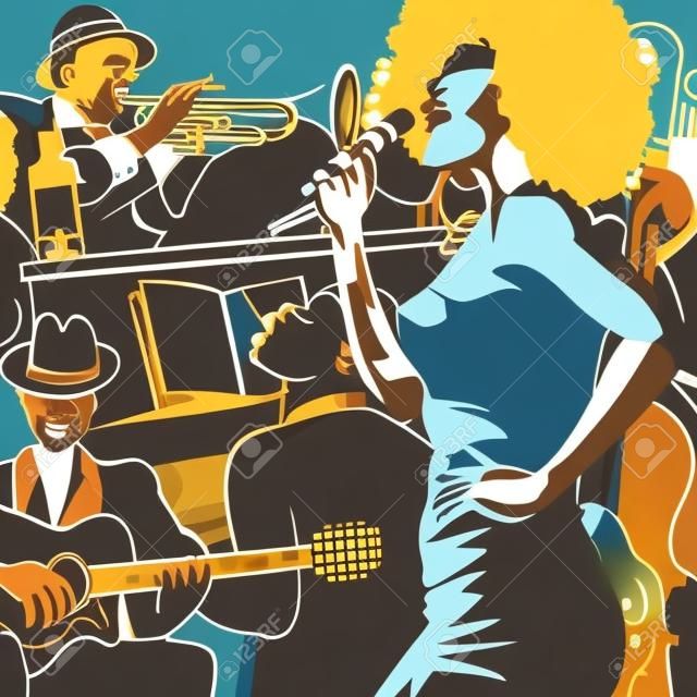 Ilustração vetorial de uma banda de jazz com duplo-baixo - trompete -piano
