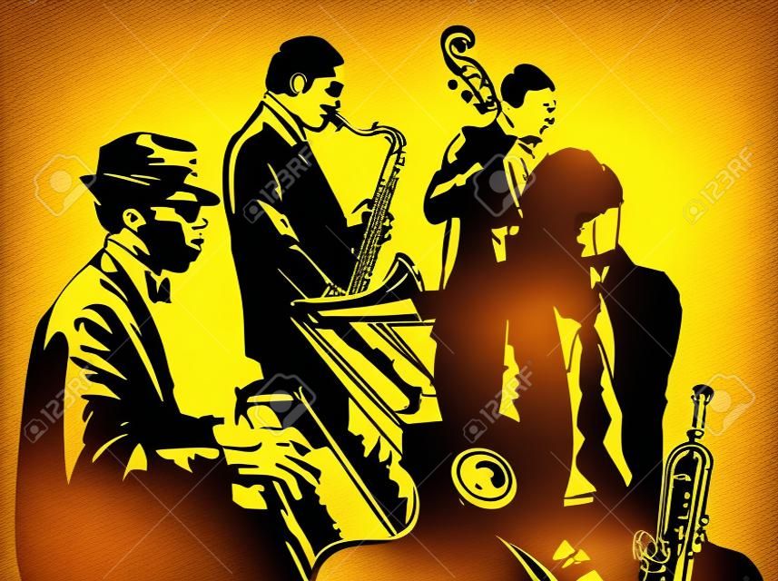 Plakat jazzowy saksofon, kontrabas, fortepian i trąbkę - ilustracji wektorowych
