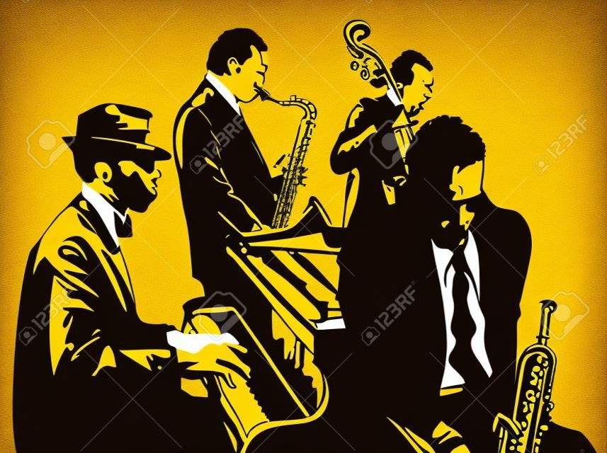 Cartel de jazz con saxofón, contrabajo, piano y trompeta - ilustración vectorial