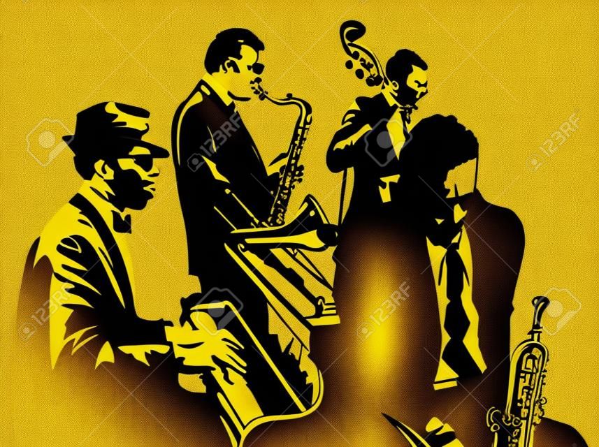 Cartel de jazz con saxofón, contrabajo, piano y trompeta - ilustración vectorial