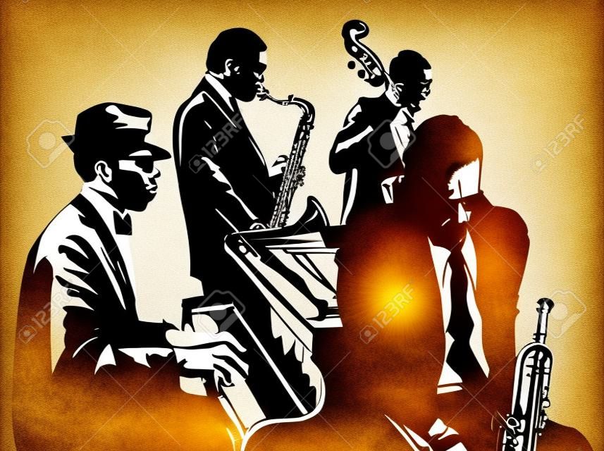 Джаз плакат с саксофоном, контрабаса, фортепиано и трубы - векторные иллюстрации