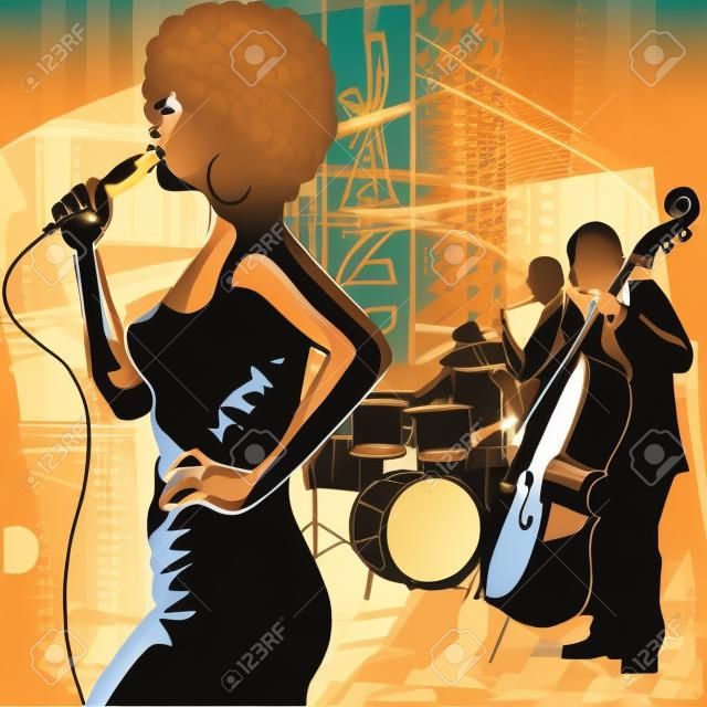 La cantante de jazz con el saxofonista y contrabajo jugador - Ilustración vectorial