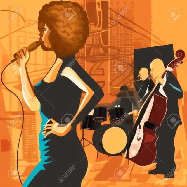 La cantante de jazz con el saxofonista y contrabajo jugador - Ilustración vectorial