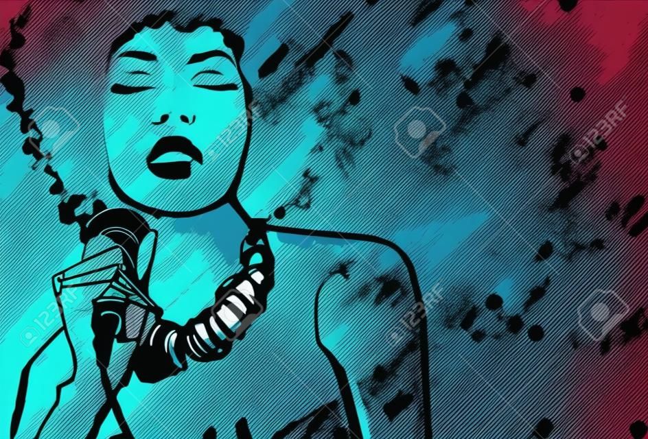 La cantante de jazz con el micrófono en el fondo del grunge - ilustración vectorial