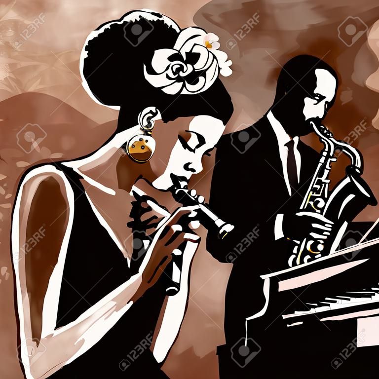 Banda de jazz con el cantante, el saxofón y el piano - ilustración vectorial