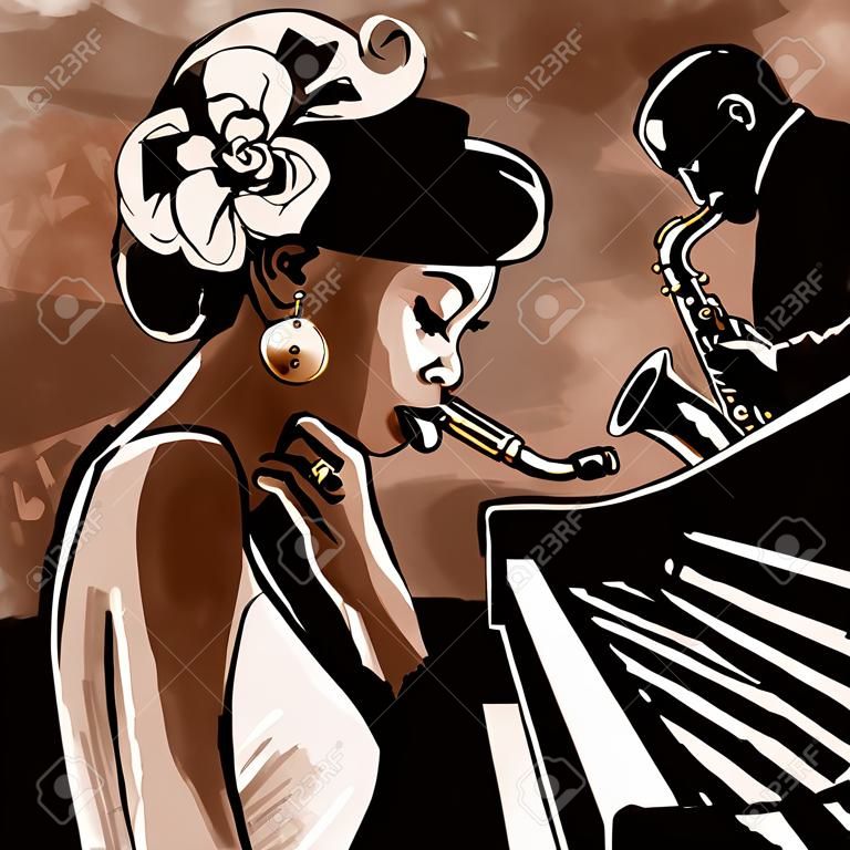 Banda de jazz con el cantante, el saxofón y el piano - ilustración vectorial