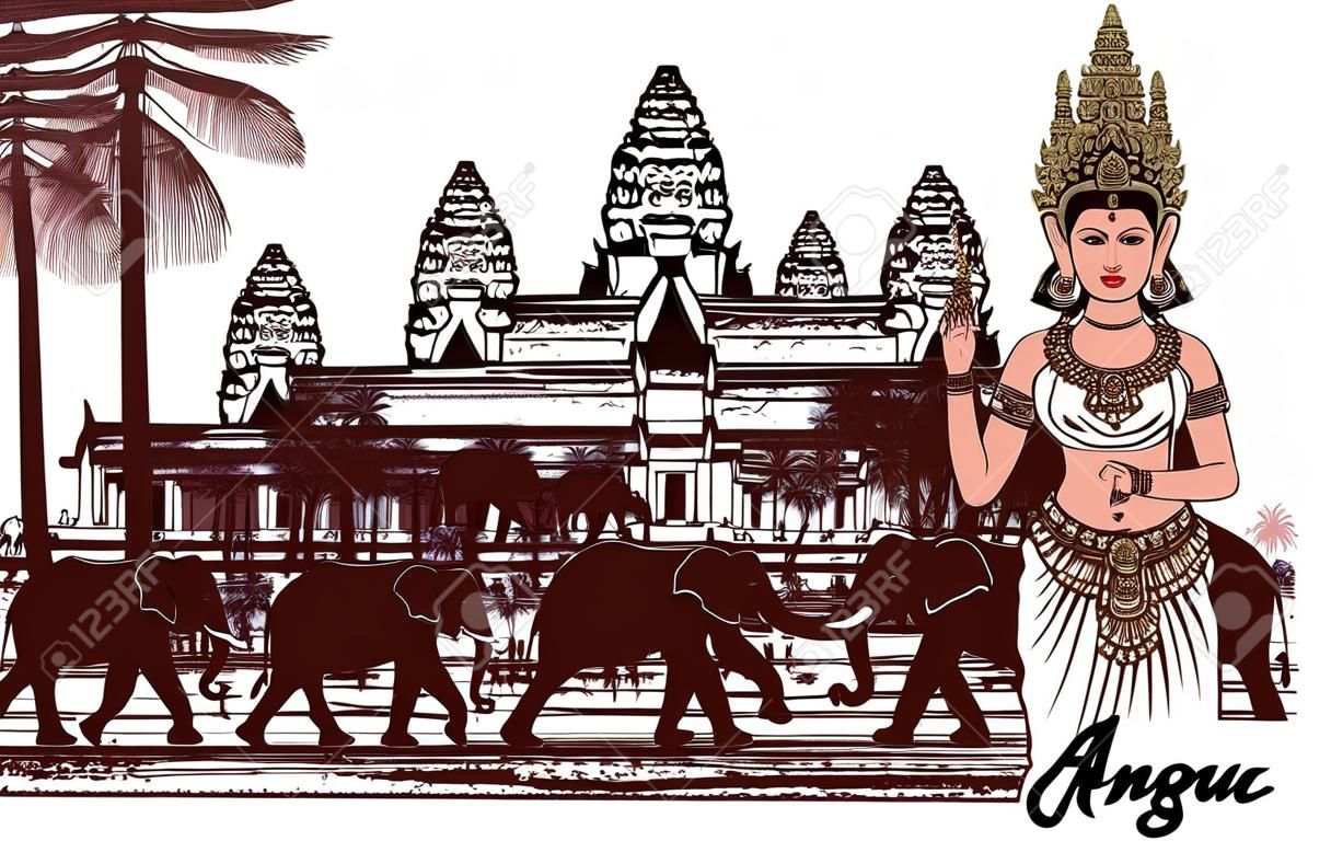 Angkor wat with elephants, palm trees and apsara- vector illustration