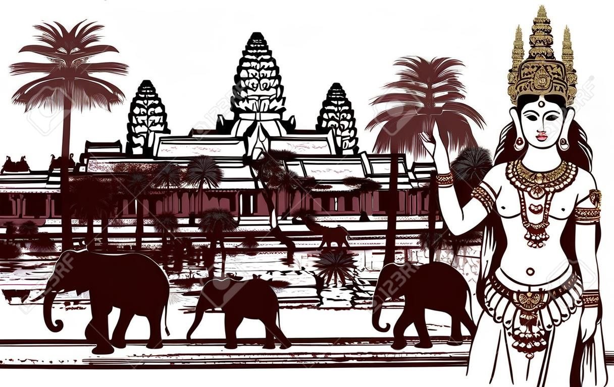 Angkor Wat mit Elefanten, Palmen und apsara- Vektor-Illustration