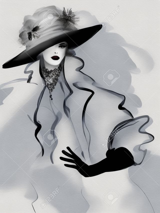 Мода женщина модель с черной шляпе - иллюстрация