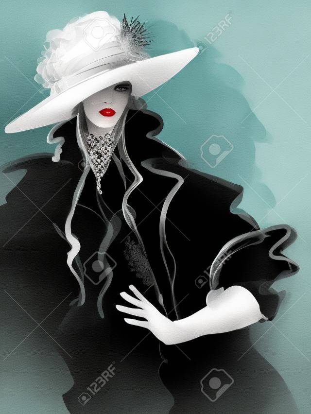 时尚女性模特配黑帽-插画