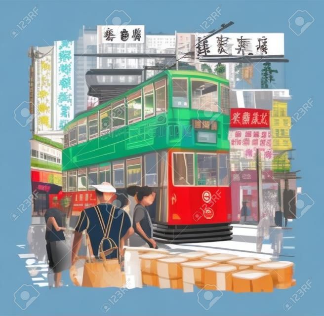 香港，在街上電車 - 矢量插圖