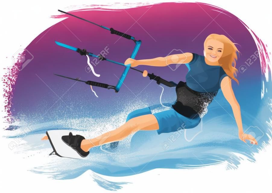 Young woman kiteboarding - vector illustration