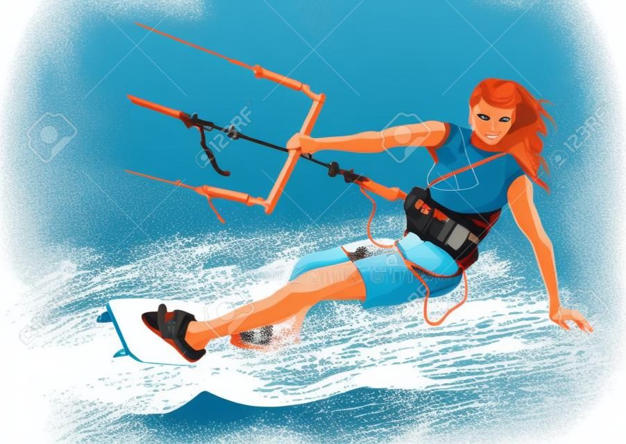 Young woman kiteboarding - vector illustration