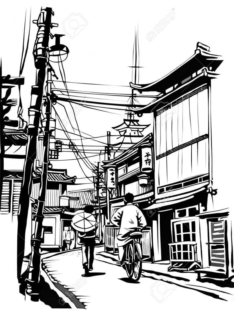 Street in Japan - vector illustration  (japanese caracters are fake - no meaning)