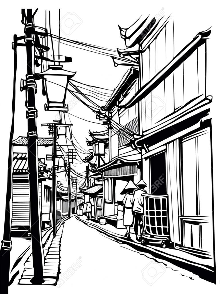 Rua no Japão - ilustração vetorial (caracteres japaneses são falsos - sem significado)