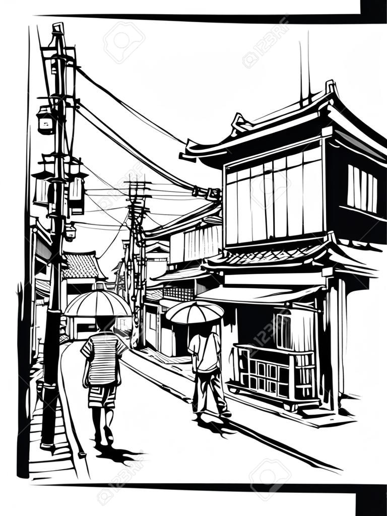 Street in Japan - vector illustration  (japanese caracters are fake - no meaning)