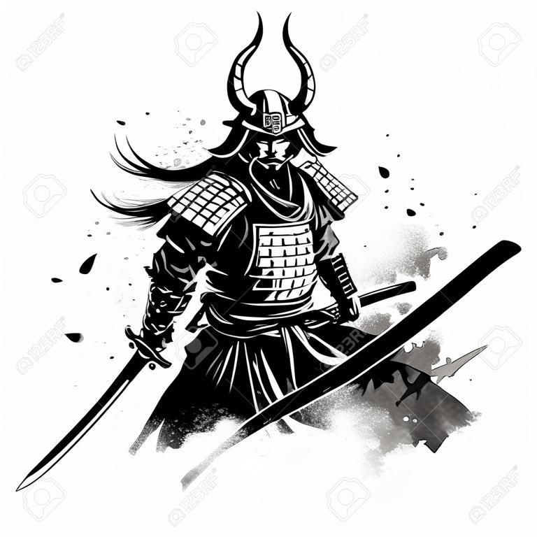 Original illustration of a Japanese samurai fighting with sword and helmet in the style of chinese ink painting - vector illustration