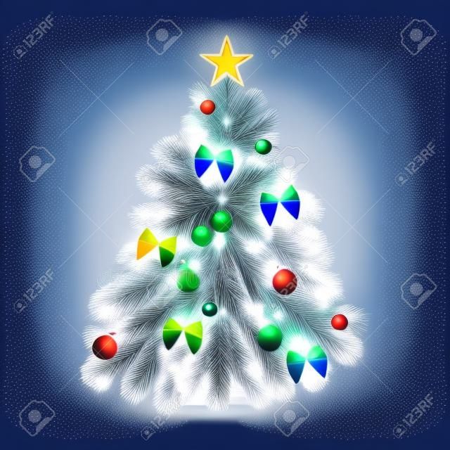 Árbol de Navidad con hermosas luces. Rama aislada. Ilustración de vector sobre fondo hermoso.