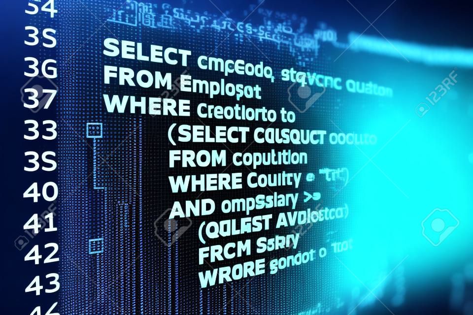 Kod Sql (strukturalny język zapytań) na monitorze komputera. przykład kodu sql do zapytania o dane z bazy danych.