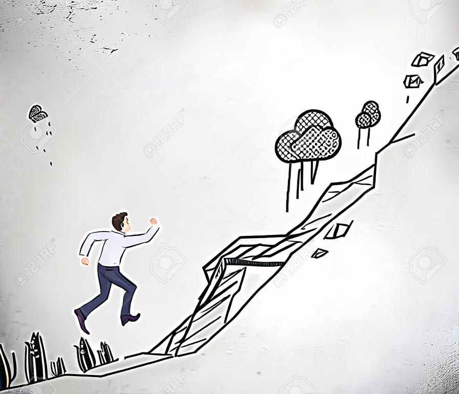 Jonge zakenman klimmen, een foto van een steil pad met obstakels zoals cactus, berg, storm, steenval op de achtergrond. Begrip groei.