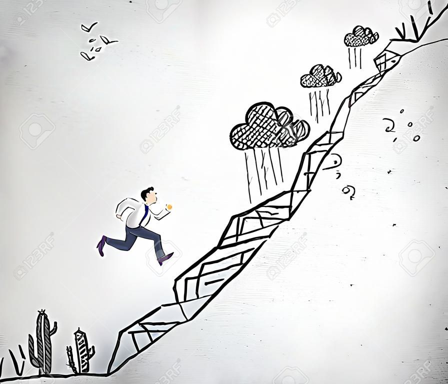 Jonge zakenman klimmen, een foto van een steil pad met obstakels zoals cactus, berg, storm, steenval op de achtergrond. Begrip groei.