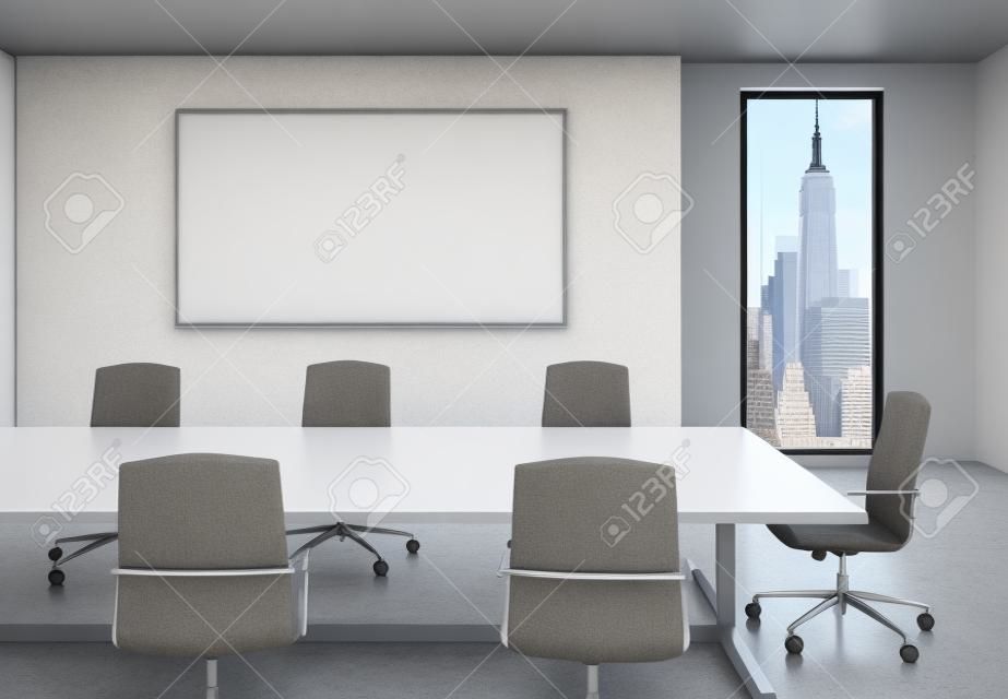混凝土会议室内部的侧视图与空白白板桌椅和纽约城市景观模拟三维渲染
