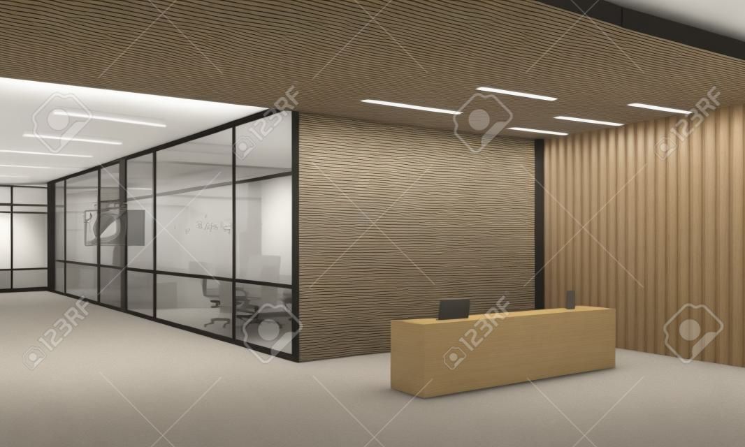 接待室角落與兩個辦公室與玻璃牆背景。木製天花板現代公司內部概念。 3d渲染。小樣。色調圖像