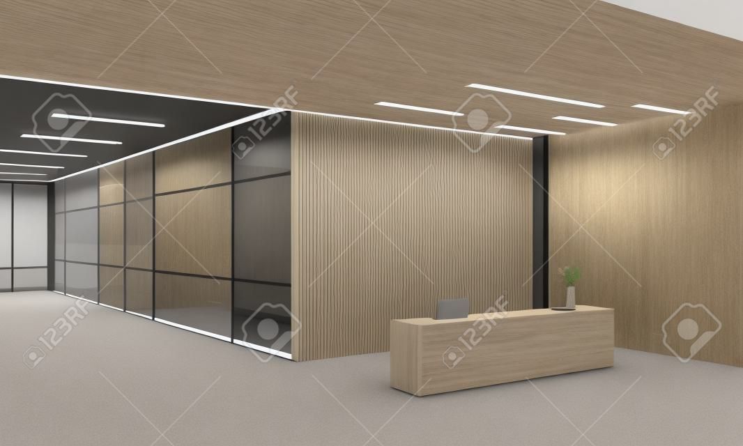 接待室角落與兩個辦公室與玻璃牆背景。木製天花板現代公司內部概念。 3d渲染。小樣。色調圖像
