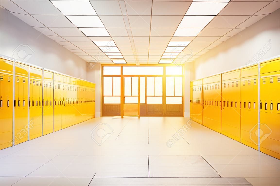 中學大堂設有明亮的儲物櫃。健身館。課本存貯的概念在學校。 3d渲染。色調的圖像