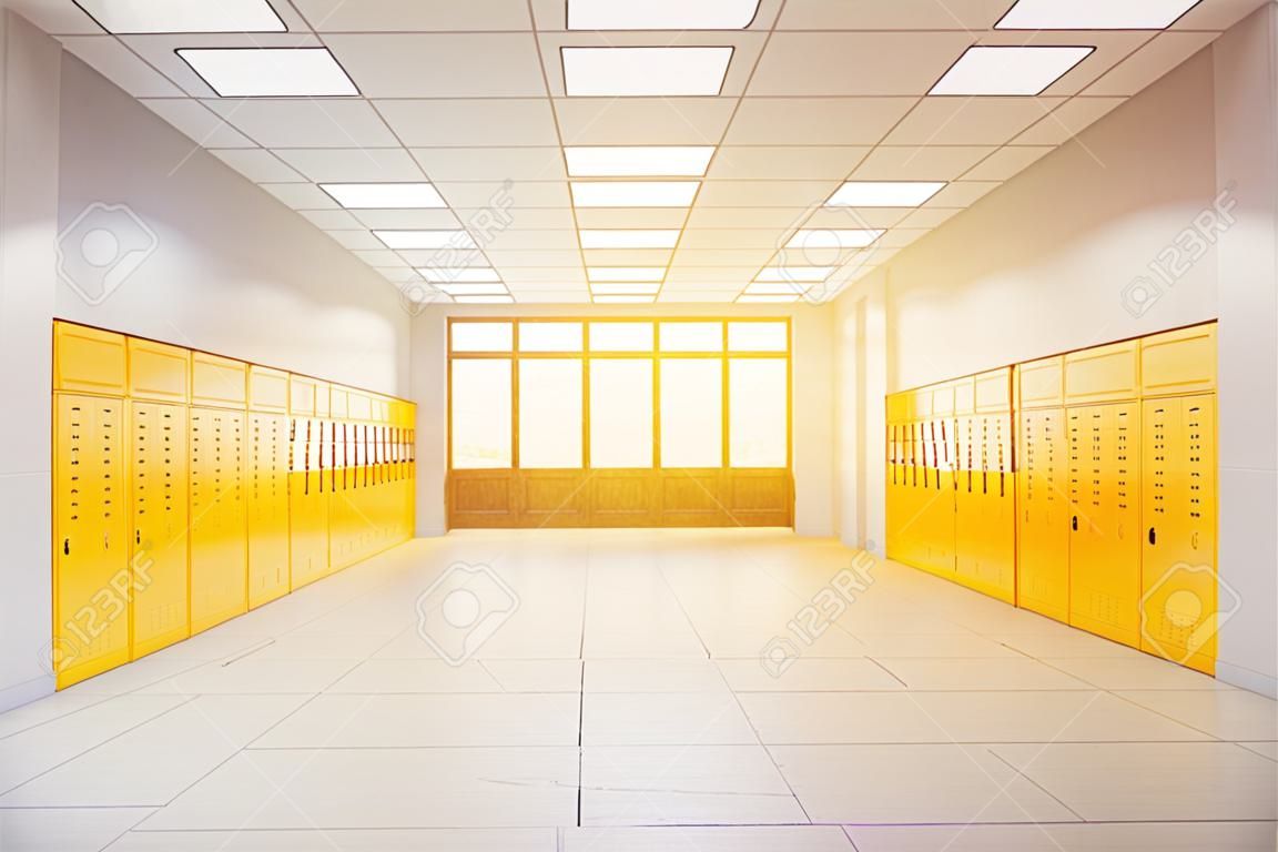 中學大堂設有明亮的儲物櫃。健身館。課本存貯的概念在學校。 3d渲染。色調的圖像