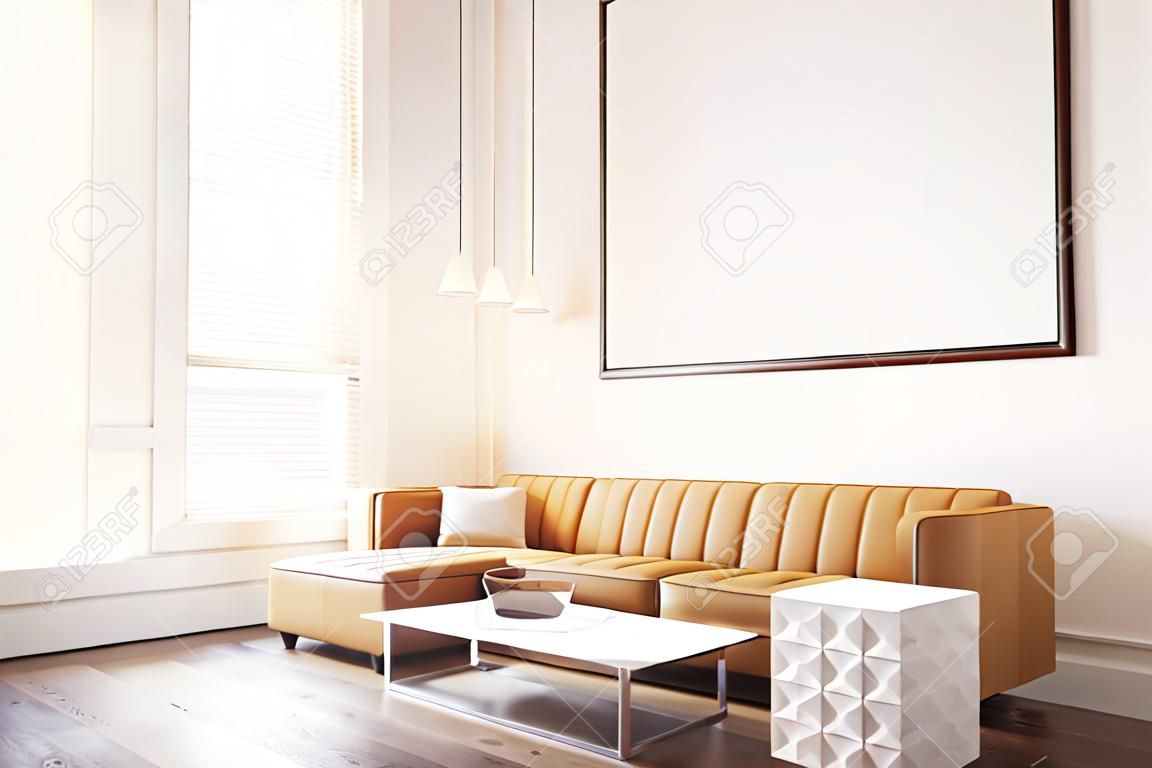 Seitenansicht eines Wohnzimmers mit weißen Wänden, großem braunem Sofa, einem Couchtisch mit einem Glas und einem weißen Schubladen. 3D-Rendering Attrappe, Lehrmodell, Simulation. Getöntes Bild
