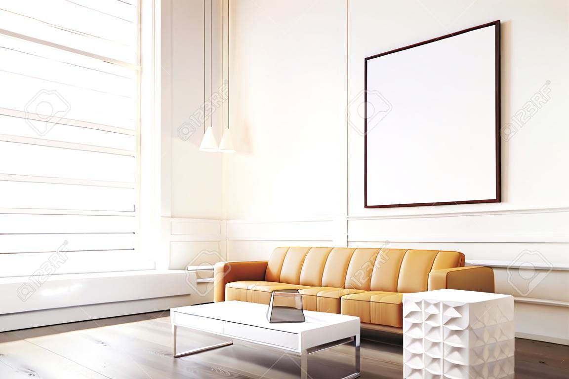 Widok z boku wnętrza salonu z białymi ścianami, dużą brązową kanapą, stolikiem kawowym ze słoiczkiem i białym kompletem szuflad. 3d rendering. Makieta. Stonowany obraz