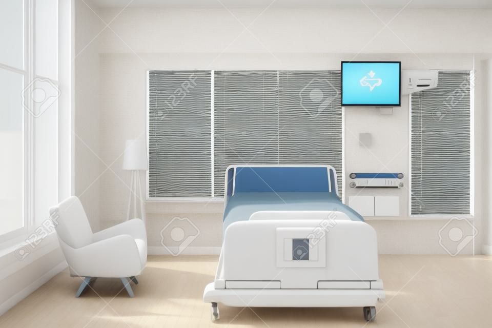 Yataklı bir hastane koğuşunun önü, TV seti, beyaz bir koltuk ve büyük pencerelerde perde. 3d render, manyağı