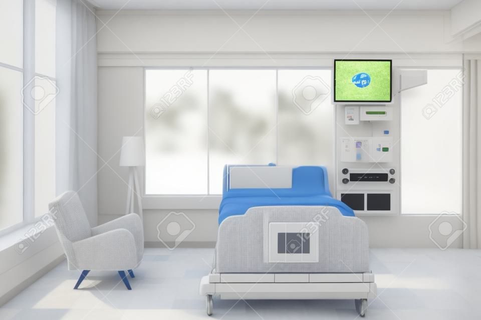 Yataklı bir hastane koğuşunun önü, TV seti, beyaz bir koltuk ve büyük pencerelerde perde. 3d render, manyağı
