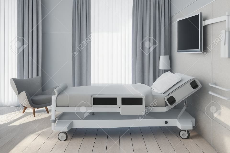 Vista lateral de uma enfermaria de hospital murado cinza com uma cama, um conjunto de TV, uma poltrona branca e cortinas em grandes janelas.