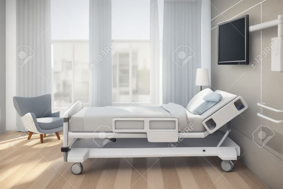 一張灰色牆壁的醫院病房的側視圖，有一張床，一套電視機，一張白色的扶手椅和大窗戶上的窗簾。 3d渲染，嘲笑