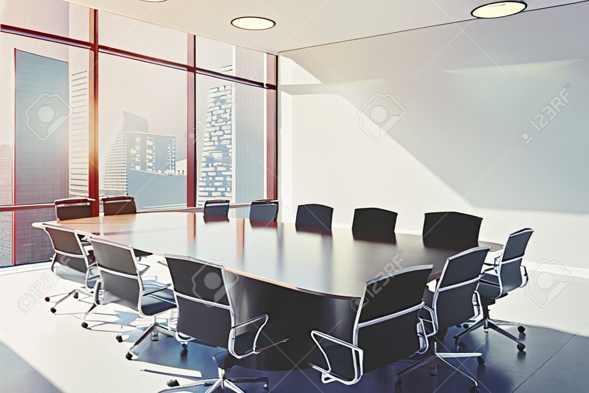 Close up of a white conference room interior with a long table and two rows of black office chairs by its sides. Horizontal poster. 3d rendering, mock up, toned image