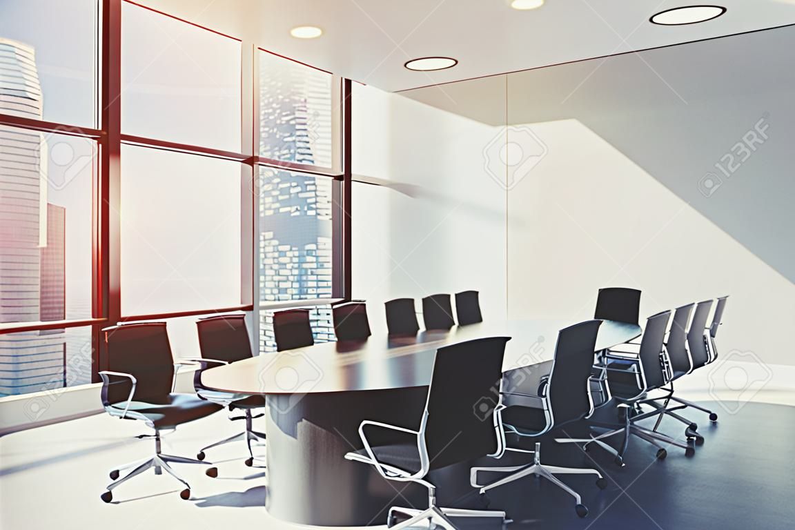 Close up of a white conference room interior with a long table and two rows of black office chairs by its sides. Horizontal poster. 3d rendering, mock up, toned image