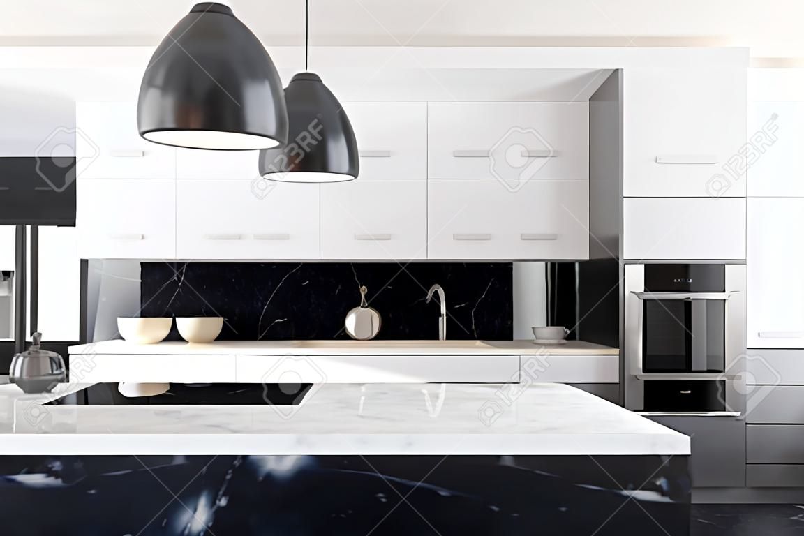 White and black marble kitchen interior with large windows, a white table with chairs and a black marble countertop with a sink. 3d rendering