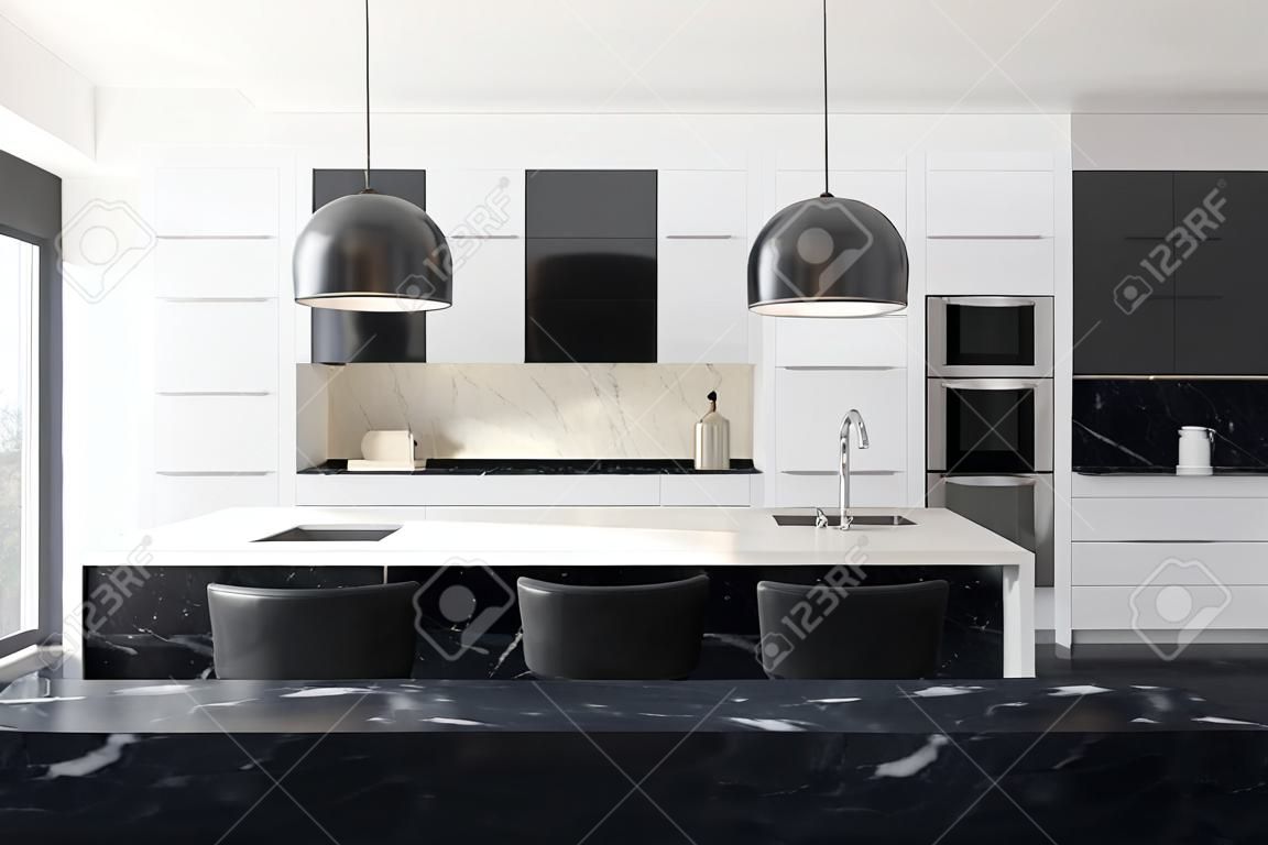 White and black marble kitchen interior with large windows, a white table with chairs and a black marble countertop with a sink. 3d rendering
