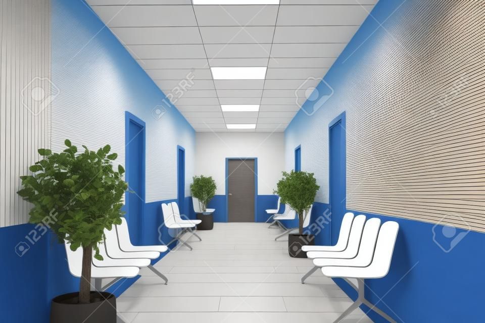 Niebieskie i drewniane lobby szpitalne z dwoma rzędami drzwi i białymi krzesłami dla pacjentów czekających na wizytę u lekarza. 3d renderowania makiety