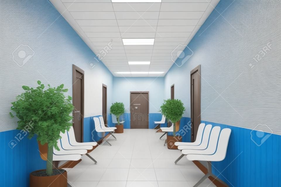 Blauwe en houten ziekenhuislobby met twee rijen deuren en witte stoelen voor patiënten die wachten op het bezoek van de dokter. 3d rendering mock-up