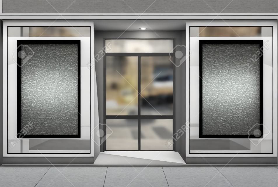 Glass and gray stone cafe facade with two vertical posters and a glass door. A close up. 3d rendering mock up