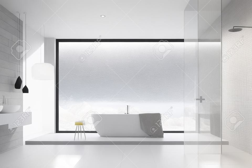 Intérieur de la salle de bain grise panoramique avec sol blanc, baignoire blanche, douche et double vasque. Une femme rendu 3d maquette image tonique floue